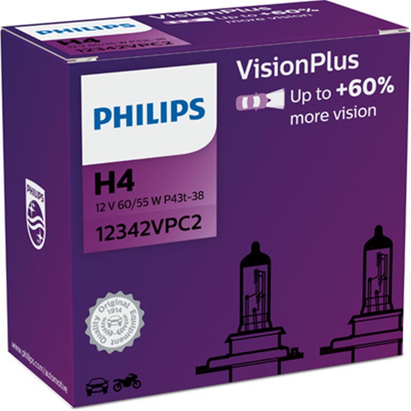 Bec H4 12V/60/55W +60% Philips Visionplus P43T-38 2 buc.