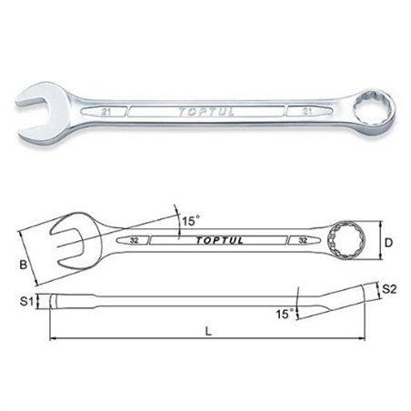 Cheie combinata, 15°, dimensiune: 34 mm, marime: 34, lungime: 409mm, finisaj: satin cromat - TOPTUL AAEB3434